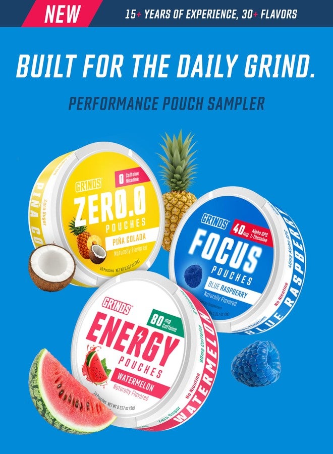 GRINDS Pouches Performance Sampler Pack - Includes Watermelon Energy, Caffeine-Free Piña Colada and Blue Raspberry Nootropic Pouches - Sugar-Free - Zero Calories - Image 2
